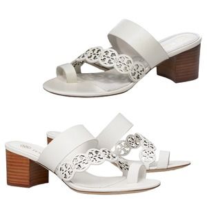 Tory Burch White Sandals with Brown Heel